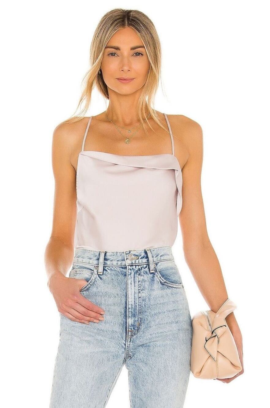 ASTR The Label The Drape Pink Silk Satin Spaghetti Strap Sleeveless Bodysuit Top